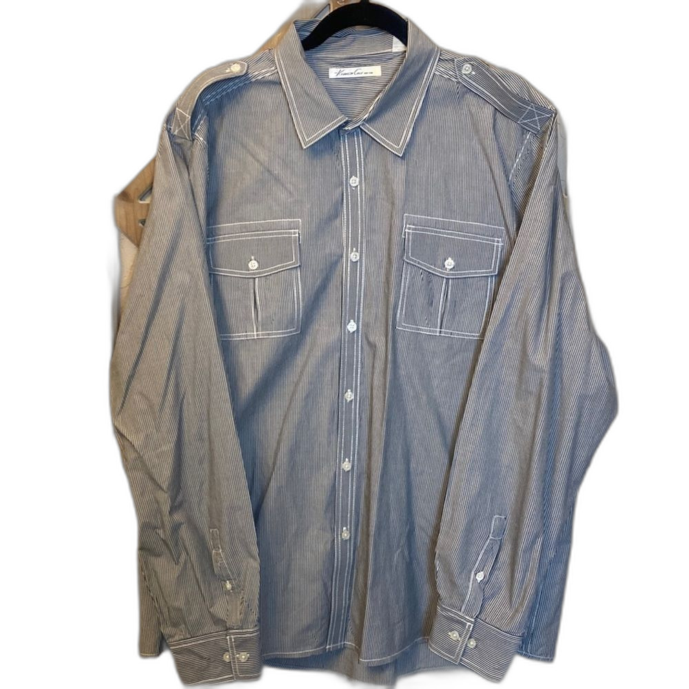Kenneth Cole New York Vertical Stripe Mens Button Down Blue/White Sz XXL Cotton